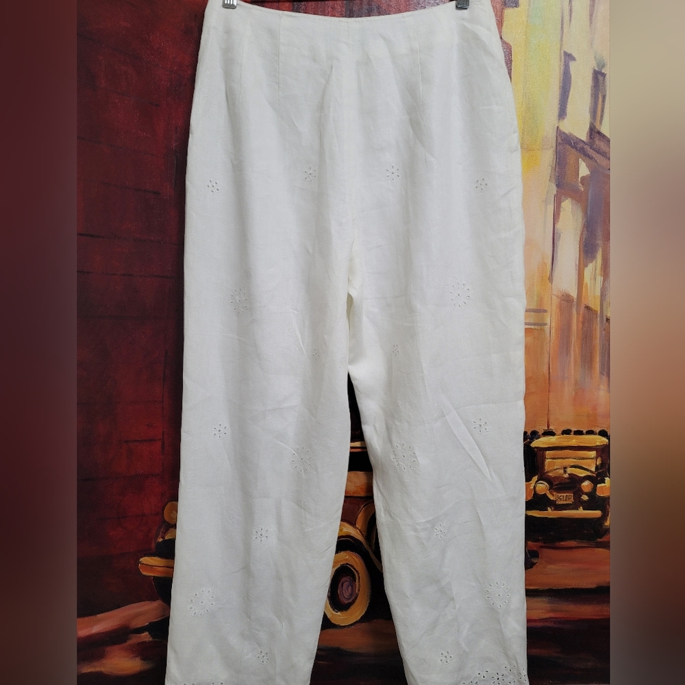 Charter Club White Linen Eyelet Lace Scalloped Hem Straight Leg Pants Size 8 - Picture 7 of 12